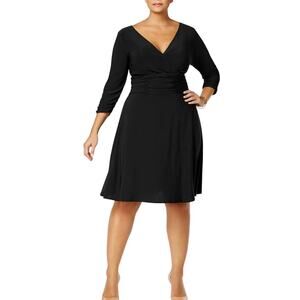 NY Collection Women's Ruched A Line 3/4 Sleeve Knee Length V Neck Dress MP NWT